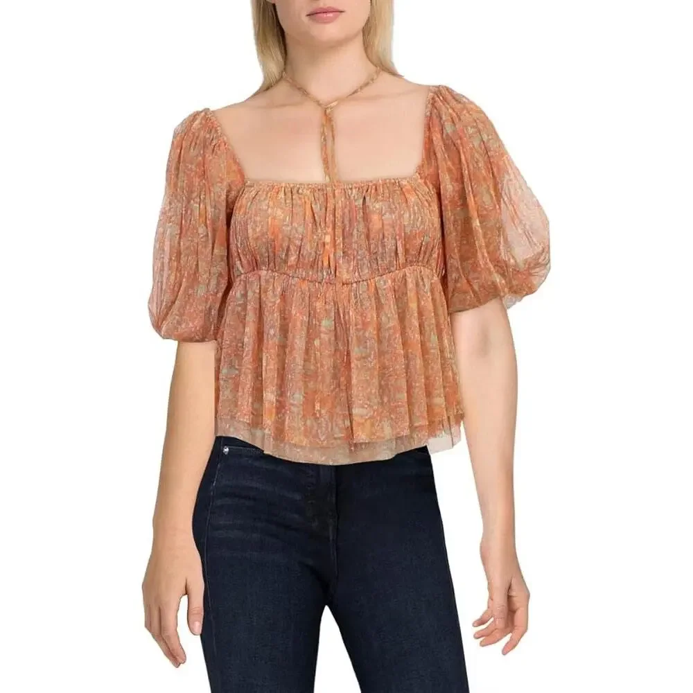 Free People Penelope Blouse Smocked Peplum Dark Orange Mesh Puff Sleeve Top  XS
